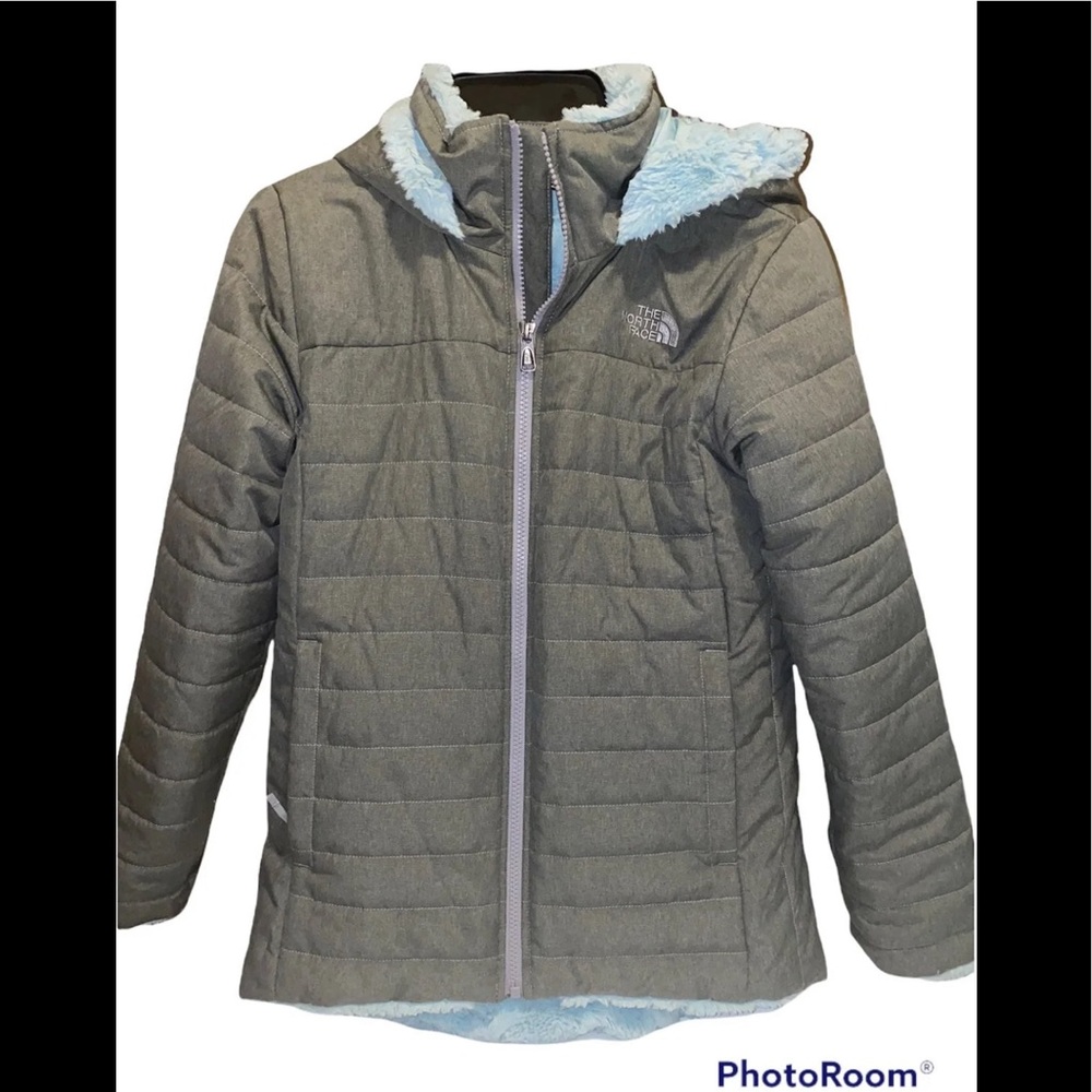 The North Face Girls' Reversible Mossbud Swirl Insulated Parka, gray/ice blue
